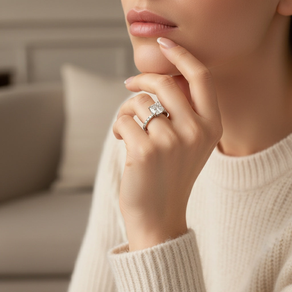 Aurevyn 2.0Ct Cushion Cut Engagement Ring With Green & White Round Cut Wedding Band