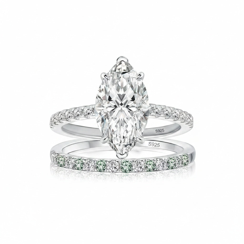 Aurevyn 2.0Ct Marquise Cut Engagement Ring With Green & White Round Cut Wedding Band