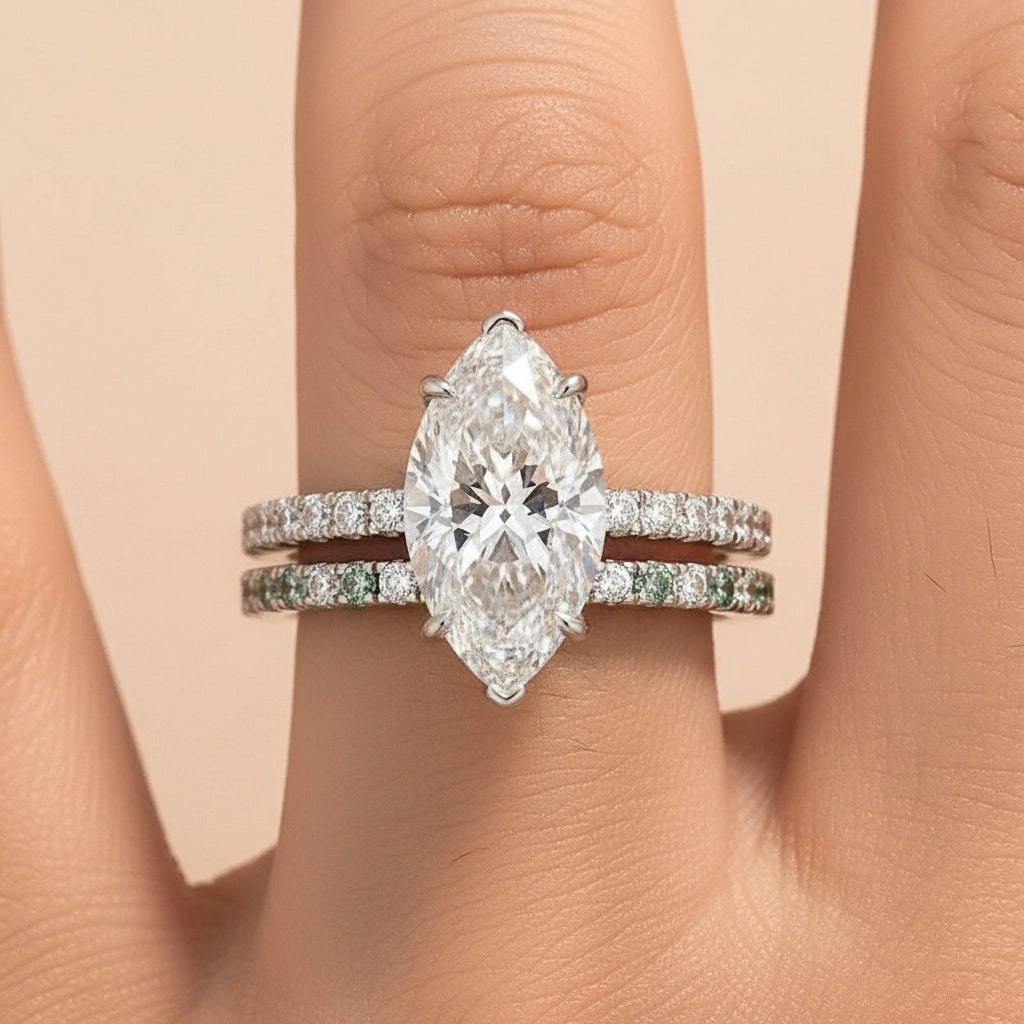 Aurevyn 2.0Ct Marquise Cut Engagement Ring With Green & White Round Cut Wedding Band