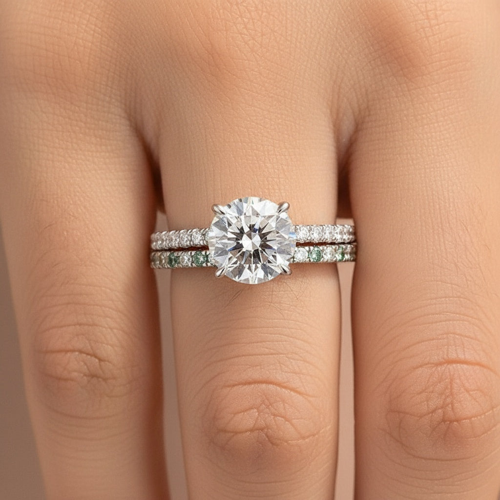 Aurevyn 2.0Ct Round Cut Engagement Ring With Green & White Round Cut Wedding Band