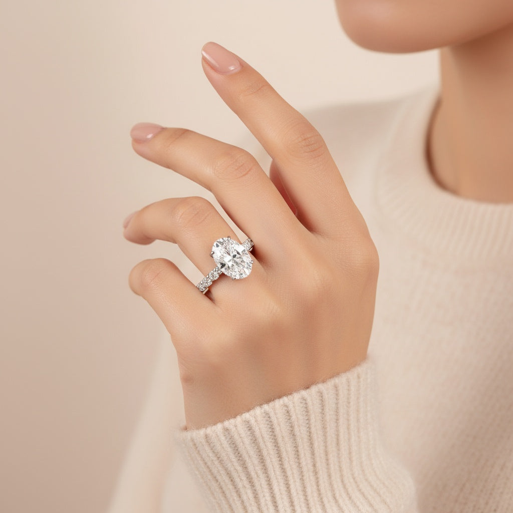 Aurevyn 2.5 Ct/4.0Ct Oval Cut Hidden Halo White Gold Moissanite Diamond Engagement Ring