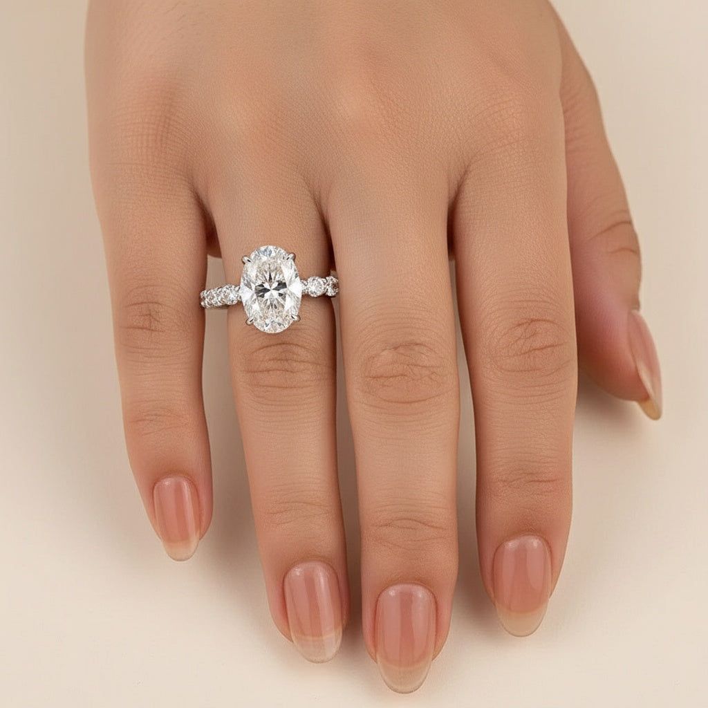 Aurevyn 2.5 Ct/4.0Ct Oval Cut Hidden Halo White Gold Moissanite Diamond Engagement Ring