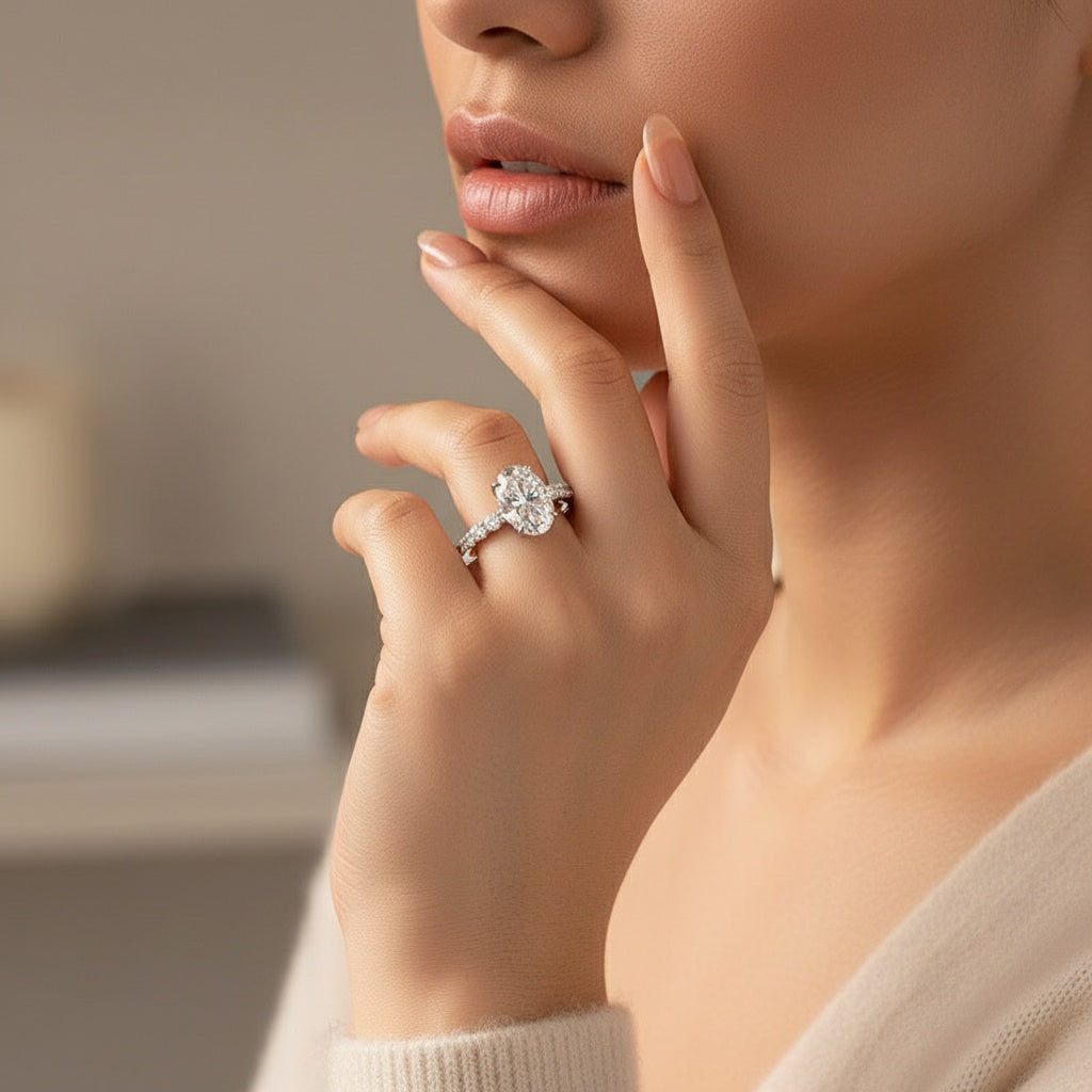 Aurevyn 2.5 Ct/4.0Ct Oval Cut Hidden Halo White Gold Moissanite Diamond Engagement Ring