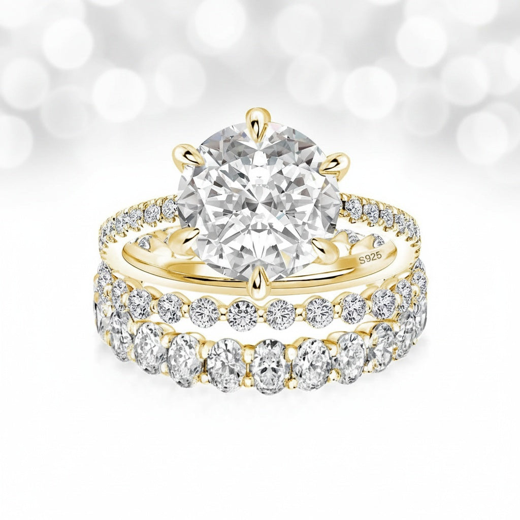 Aurevyn 3.0Ct Round Cut Yellow Gold 3PC Travel Engagement Ring with Oval & Round Cut Wedding Band