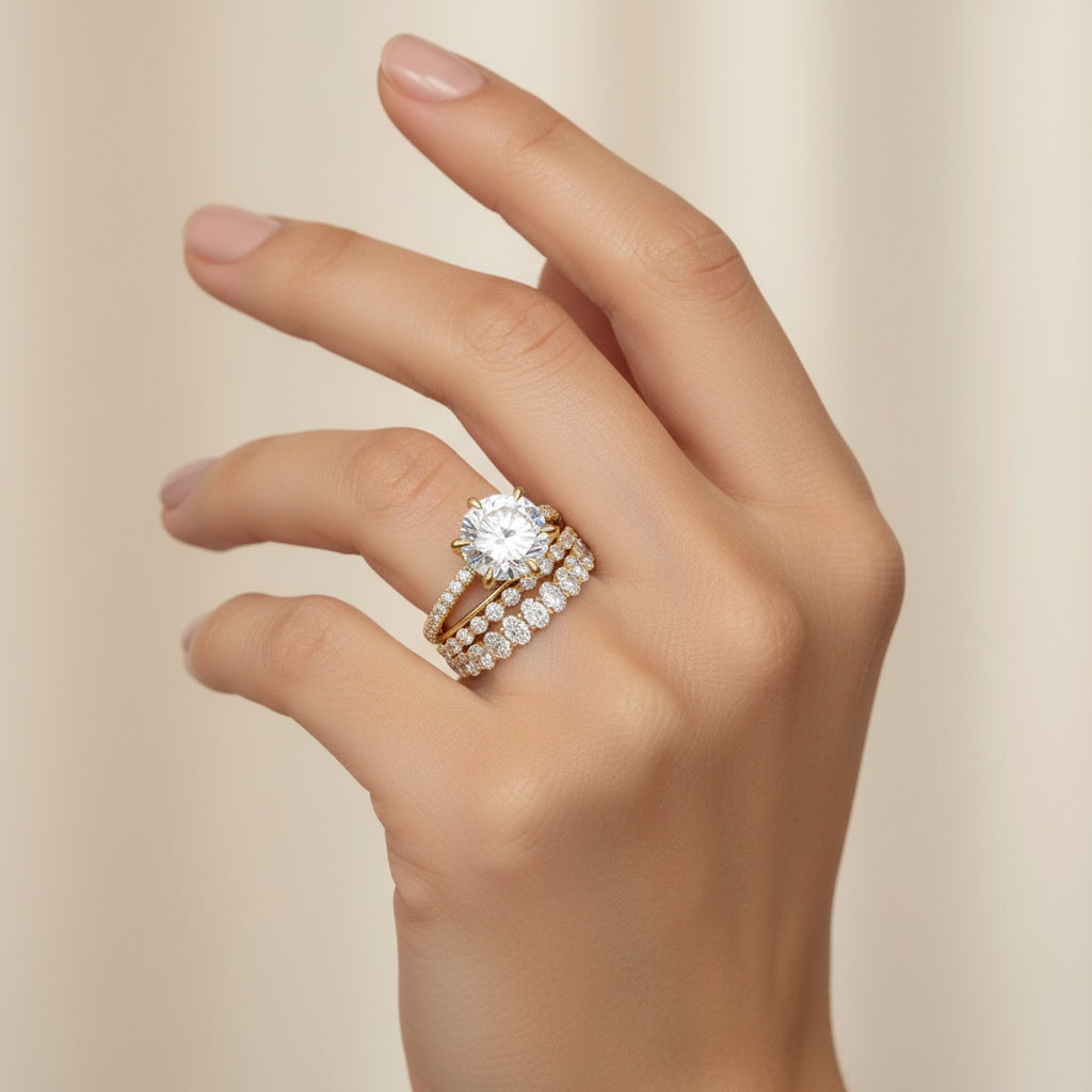 Aurevyn 3.0Ct Round Cut Yellow Gold 3PC Travel Engagement Ring with Oval & Round Cut Wedding Band