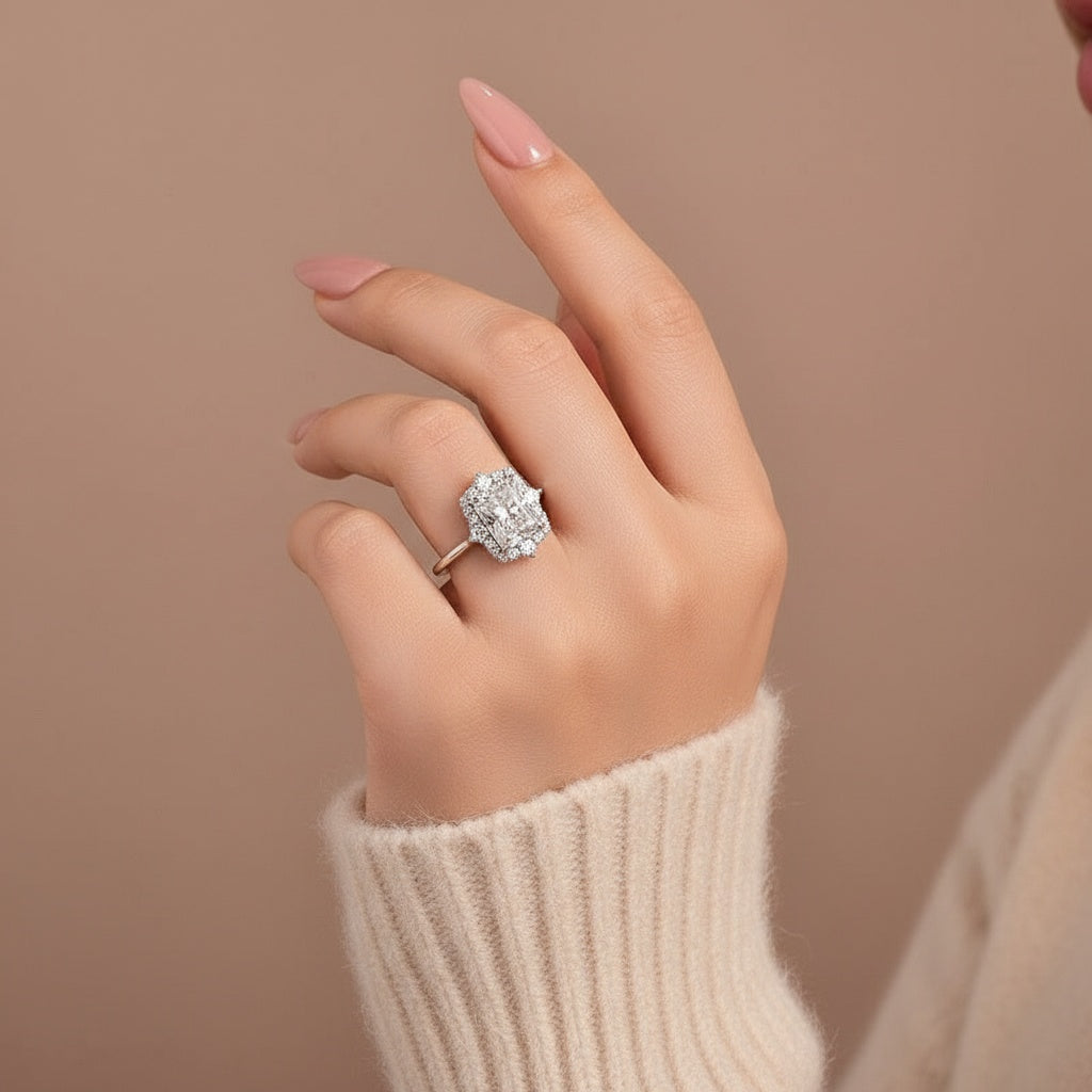 Aurevyn 3.0Ct White Gold Halo Radiant Cut Engagement Ring