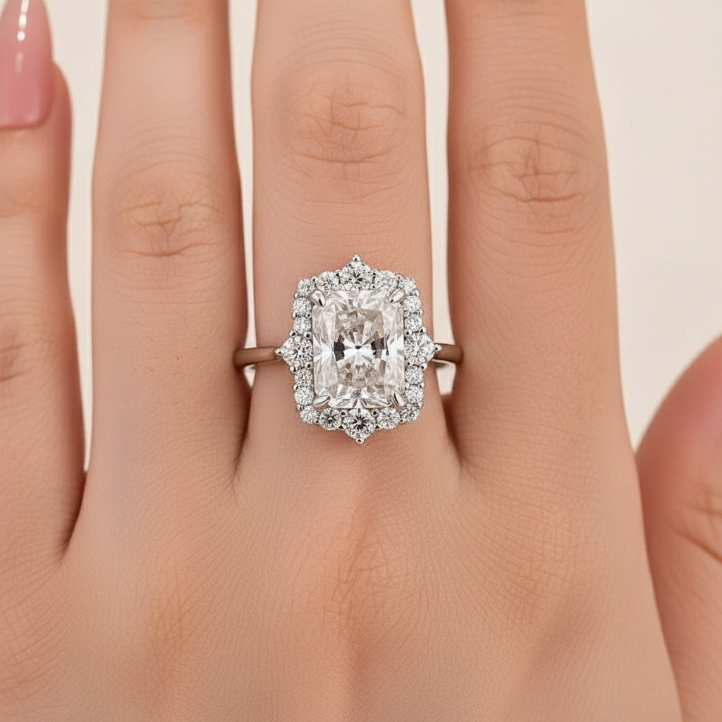 Aurevyn 3.0Ct White Gold Halo Radiant Cut Engagement Ring