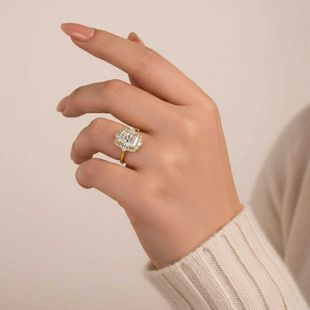 Aurevyn 3.0Ct Yellow Gold Halo Radiant Cut Engagement Ring