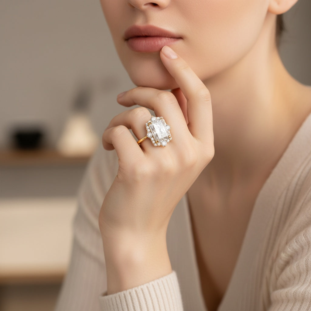 Aurevyn 3.0Ct Yellow Gold Halo Radiant Cut Engagement Ring