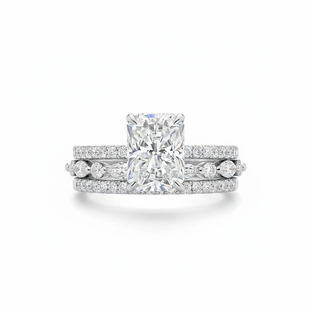 Aurevyn 3.5 Ct Radiant Cut Moissanite Diamond Wedding Ring with Round & Marquise Accents Bands
