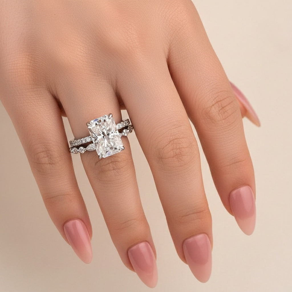 Aurevyn 3.5 Ct Radiant Cut Moissanite Diamond Wedding Ring with Round & Marquise Accents Bands