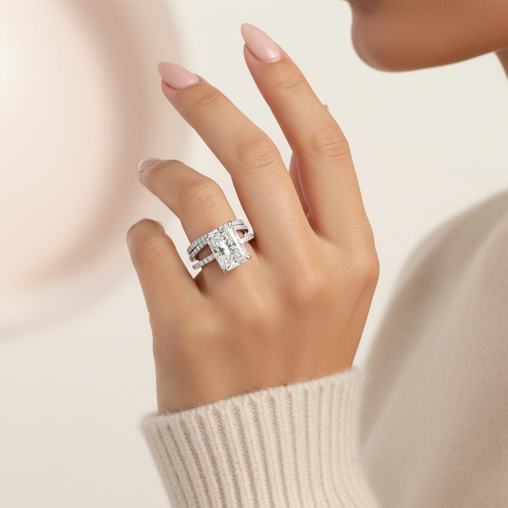 Aurevyn 3.5 Ct Radiant Cut White Gold Moissanite Diamond Wedding Ring with Criss Cross Band