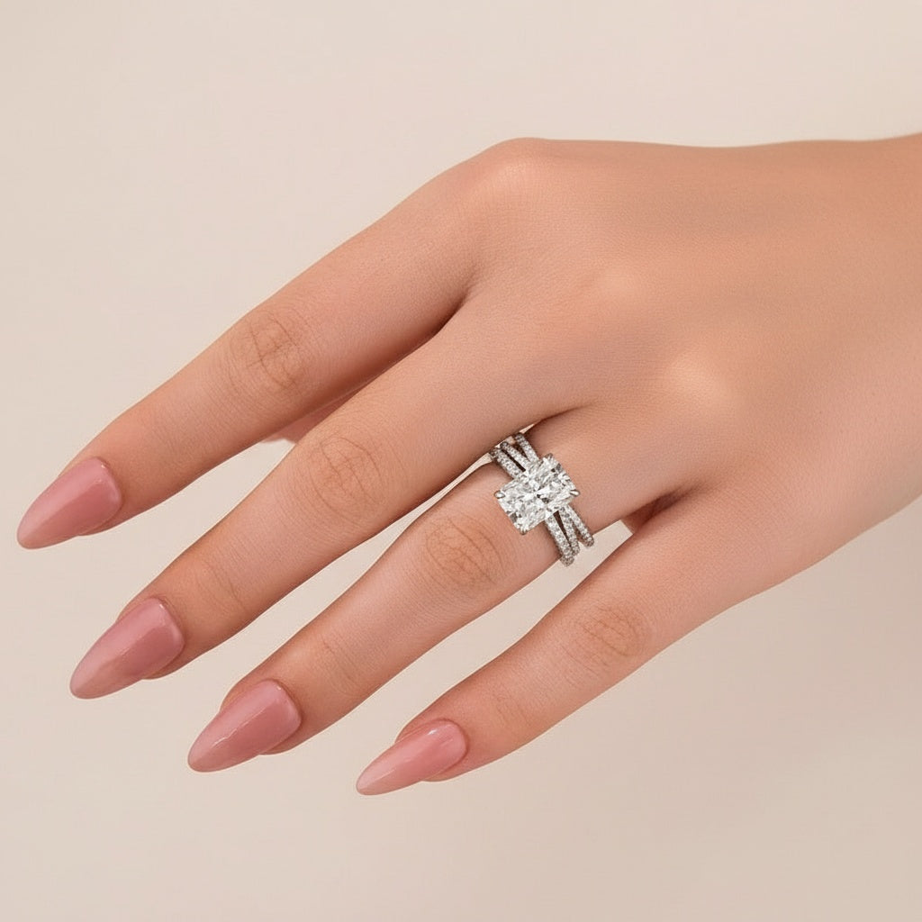 Aurevyn 3.5 Ct Radiant Cut White Gold Moissanite Diamond Wedding Ring with Criss Cross Band