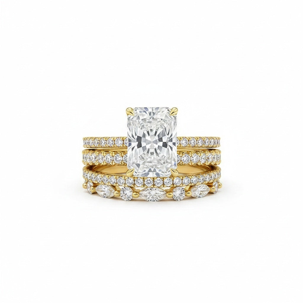 Aurevyn 3.5 Ct Radiant Cut Yellow Gold Moissanite Diamond Wedding Ring with Round & Marquise Accents Bands