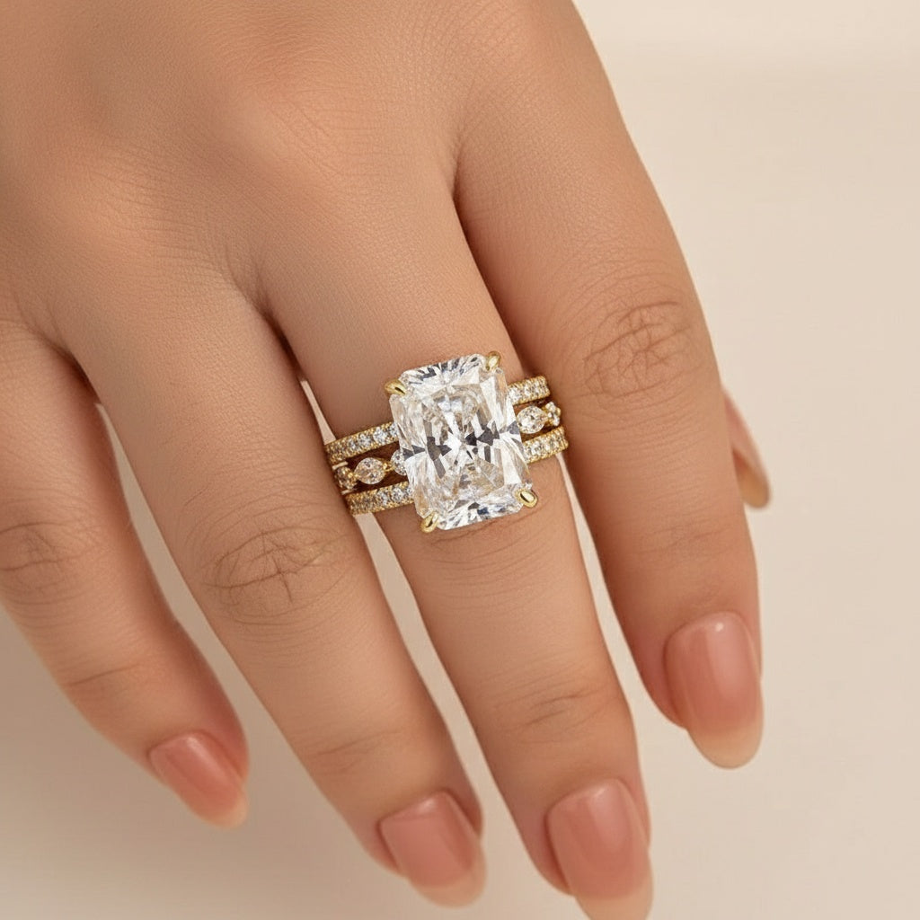 Aurevyn 3.5 Ct Radiant Cut Yellow Gold Moissanite Diamond Wedding Ring with Round & Marquise Accents Bands