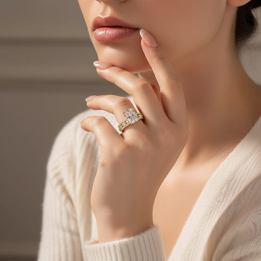 Aurevyn 3.5 Ct Radiant Cut Yellow Gold Moissanite Diamond Wedding Ring with Round & Marquise Accents Bands