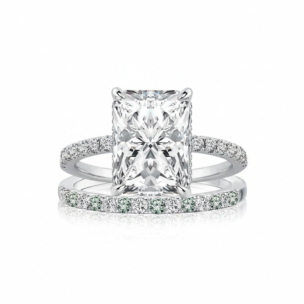 Aurevyn 3.5Ct Radiant Cut Engagement Ring With Green & White Round Cut Wedding Band
