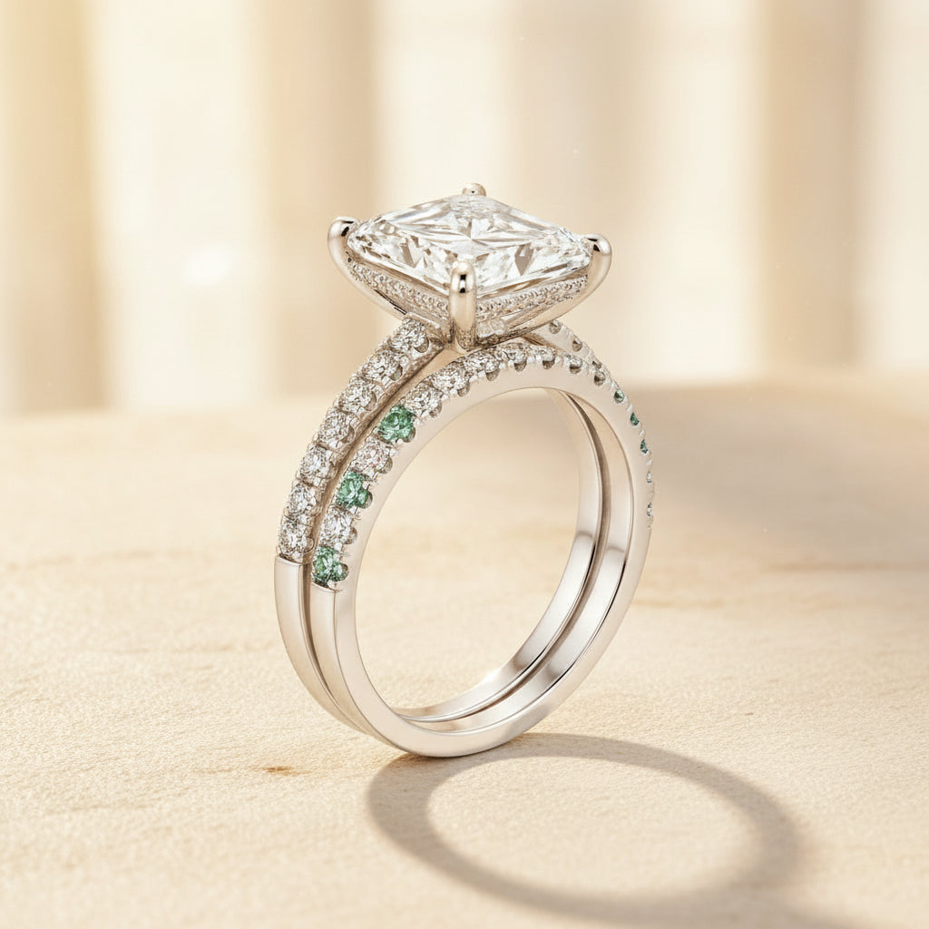 Aurevyn 3.5Ct Radiant Cut Engagement Ring With Green & White Round Cut Wedding Band