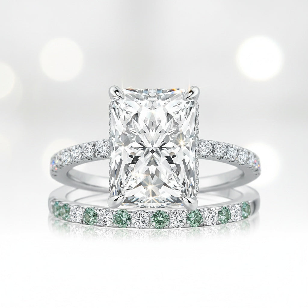 Aurevyn 3.5Ct Radiant Cut Engagement Ring With Green & White Round Cut Wedding Band
