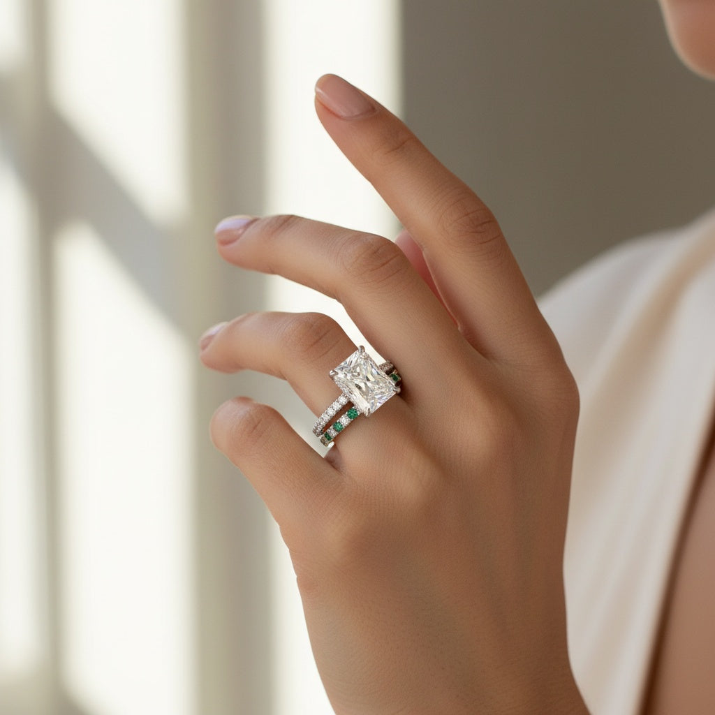 Aurevyn 3.5Ct Radiant Cut Engagement Ring With Green & White Round Cut Wedding Band
