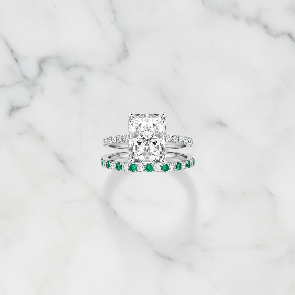 Aurevyn 3.5Ct Radiant Cut Engagement Ring With Green & White Round Cut Wedding Band