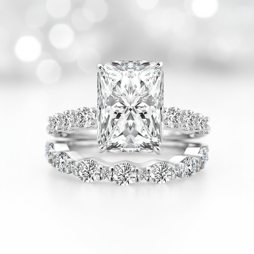 Aurevyn 3.5Ct Radiant Cut Engagement Ring With Round Cut Wedding Band Wedding Ring Set
