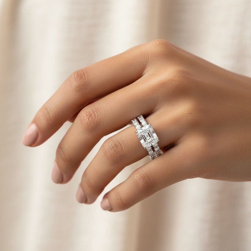 Aurevyn 3.5Ct Radiant Cut Engagement Ring With Round Cut Wedding Band Wedding Ring Set