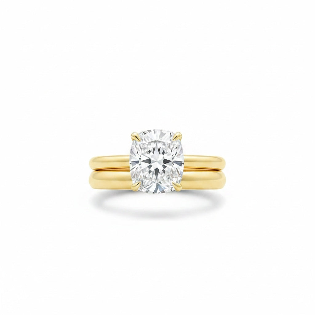 Aurevyn 4.0 Ct Cushion Cut Yellow Gold Wedding Ring Set with Wide Band