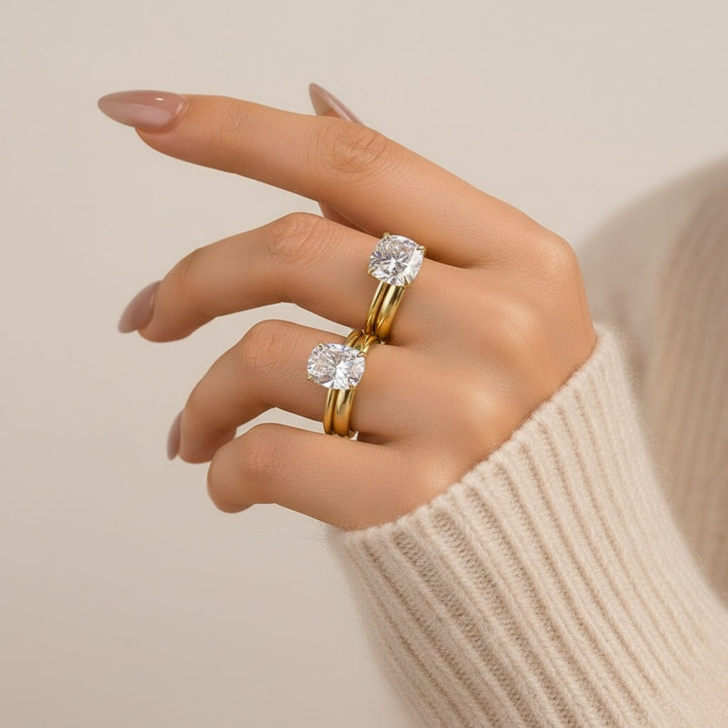 Aurevyn 4.0 Ct Cushion Cut Yellow Gold Wedding Ring Set with Wide Band