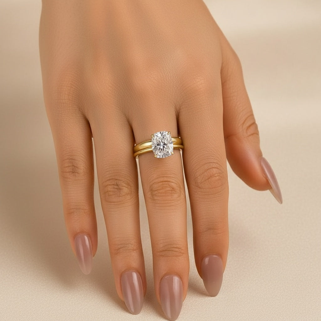 Aurevyn 4.0 Ct Cushion Cut Yellow Gold Wedding Ring Set with Wide Band