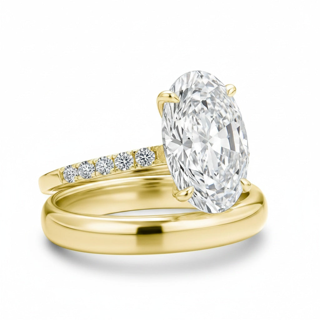 Aurevyn 4.0 Ct Oval Cut Yellow Gold Wedding Ring Set with Wide Band