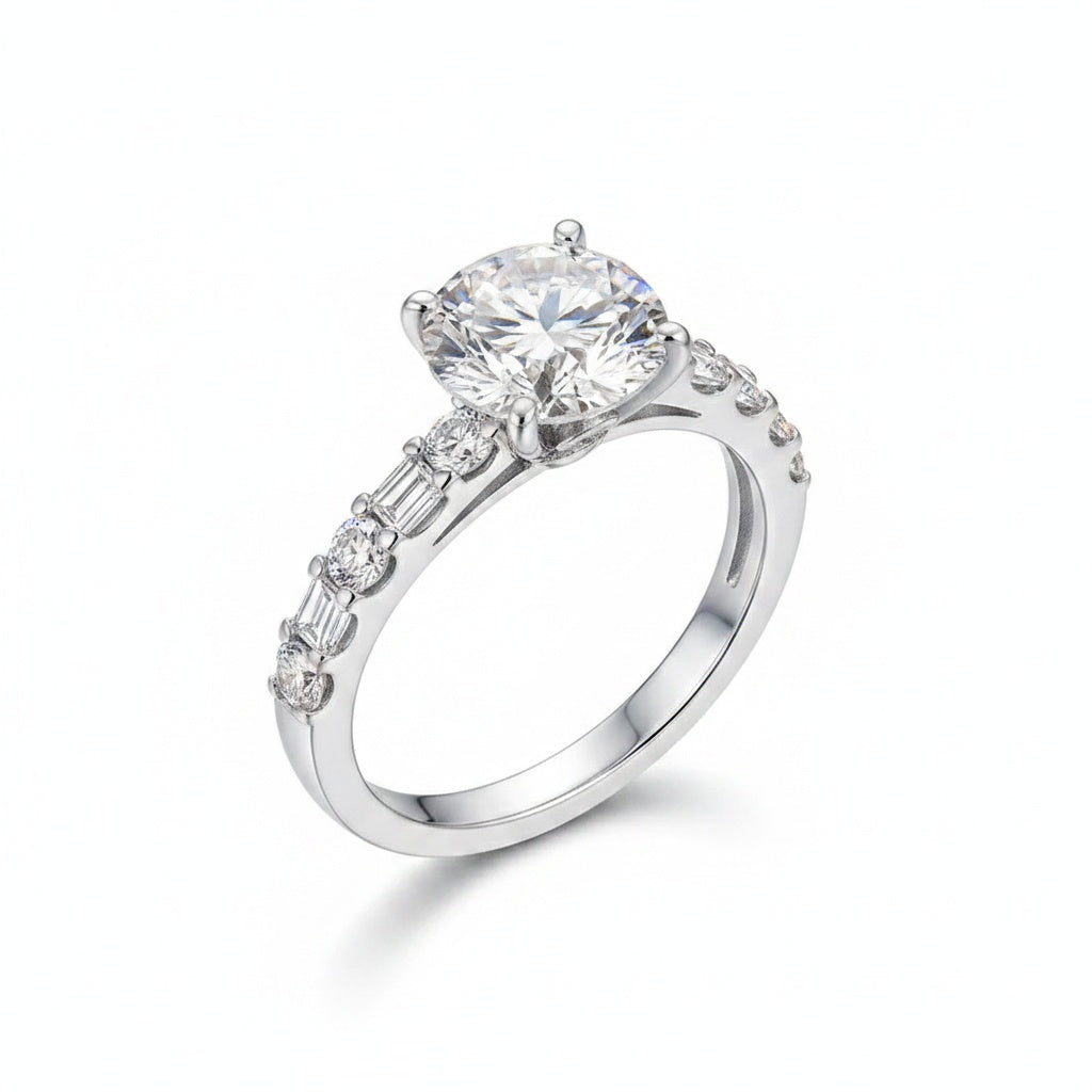 Aurevyn 4.0 Ct Round White Gold Engagement Ring with Asscher Cut Wedding Band