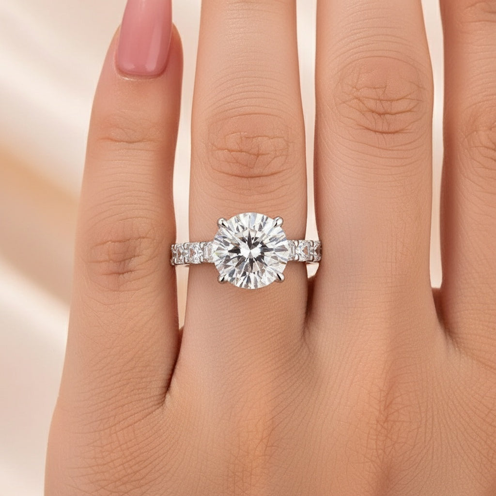 Aurevyn 4.0 Ct Round White Gold Engagement Ring with Asscher Cut Wedding Band