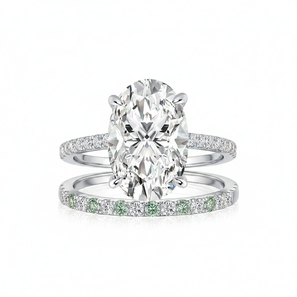 Aurevyn 4.0Ct Oval Cut Engagement Ring With Green & White Round Cut Wedding Band