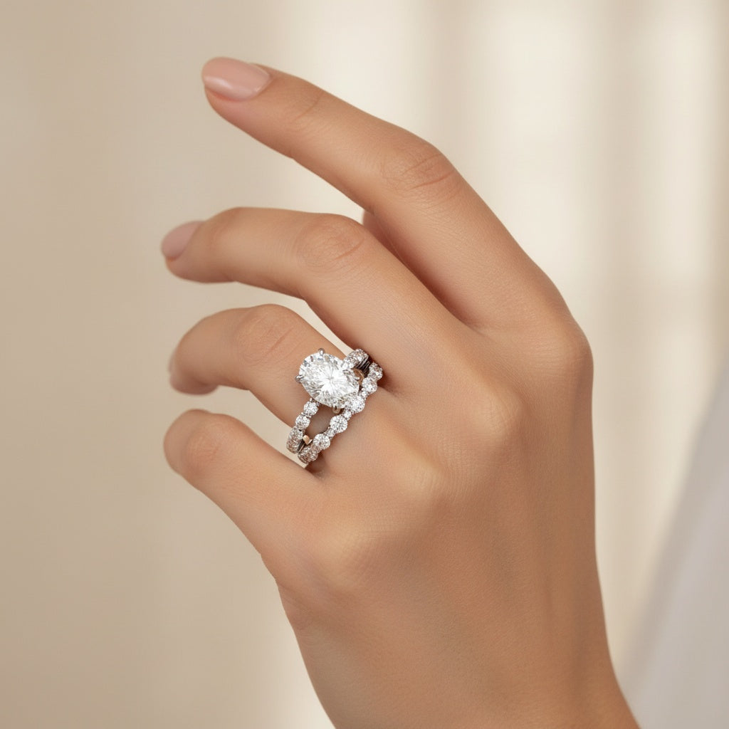Aurevyn 4.0Ct Oval Cut Engagement Ring With Round Cut/Asscher Cut Wedding Band Wedding Ring Set