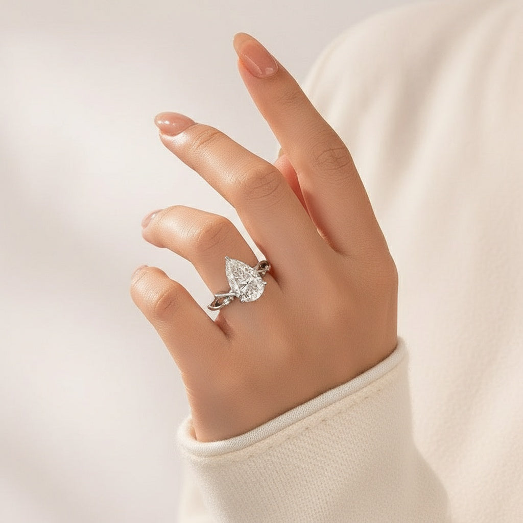 Aurevyn 4.0Ct Pear Cut Twisted Willow Ring White Gold Moissanite Diamond Ring