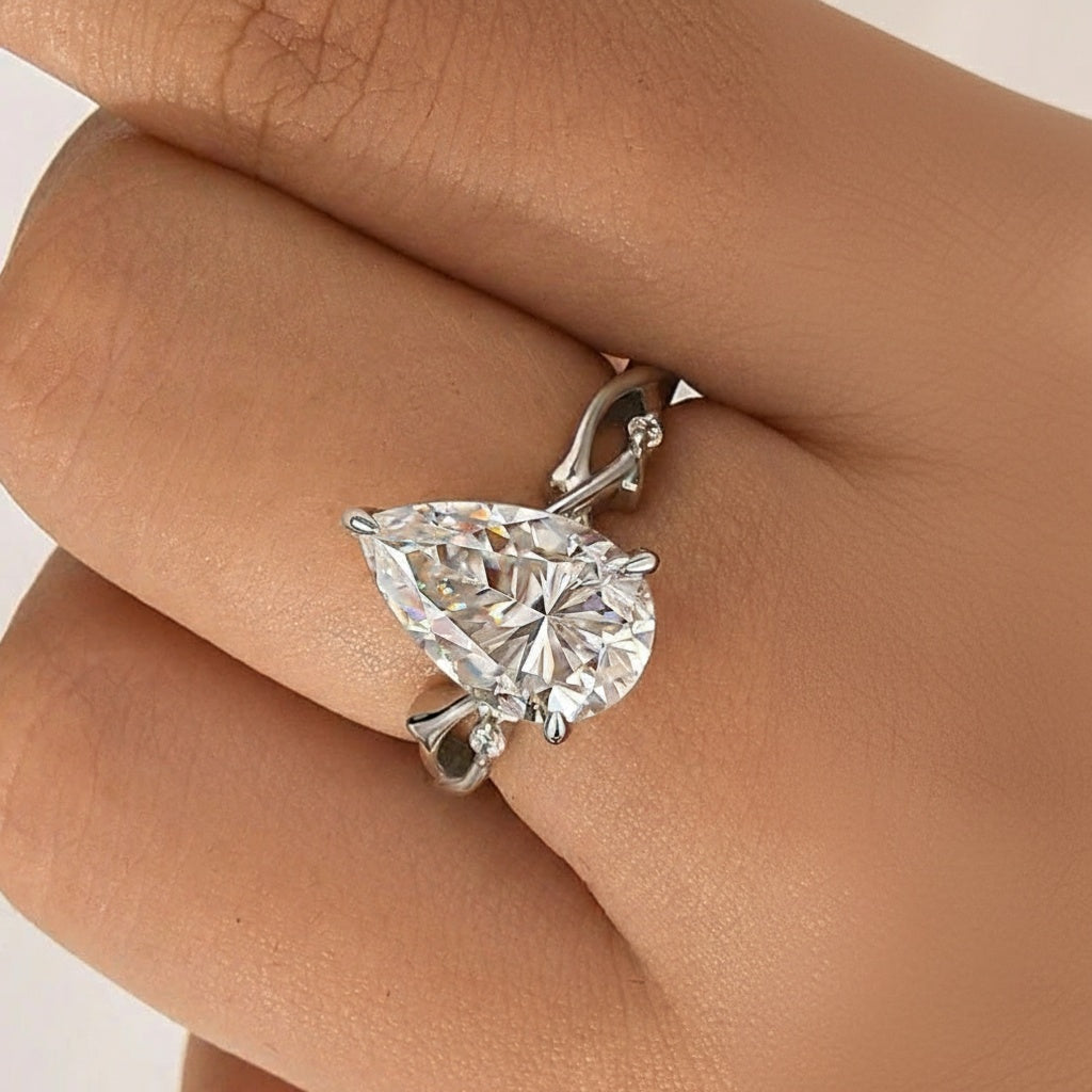 Aurevyn 4.0Ct Pear Cut Twisted Willow Ring White Gold Moissanite Diamond Ring