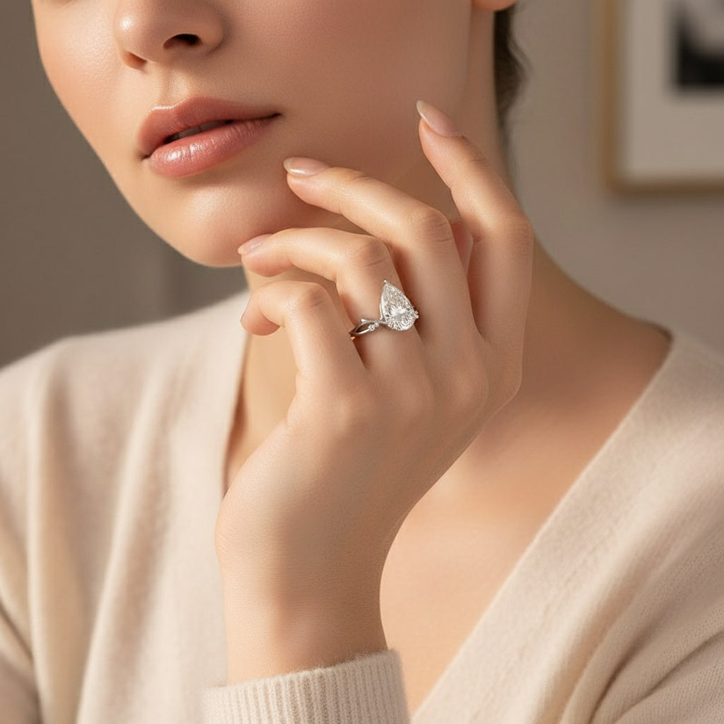 Aurevyn 4.0Ct Pear Cut Twisted Willow Ring White Gold Moissanite Diamond Ring