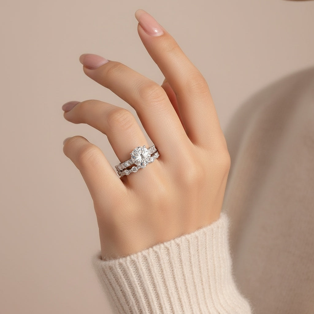 Aurevyn 4.0Ct Round Cut Engagement Ring With Round Cut/Asscher Cut Wedding Band Wedding Ring Set