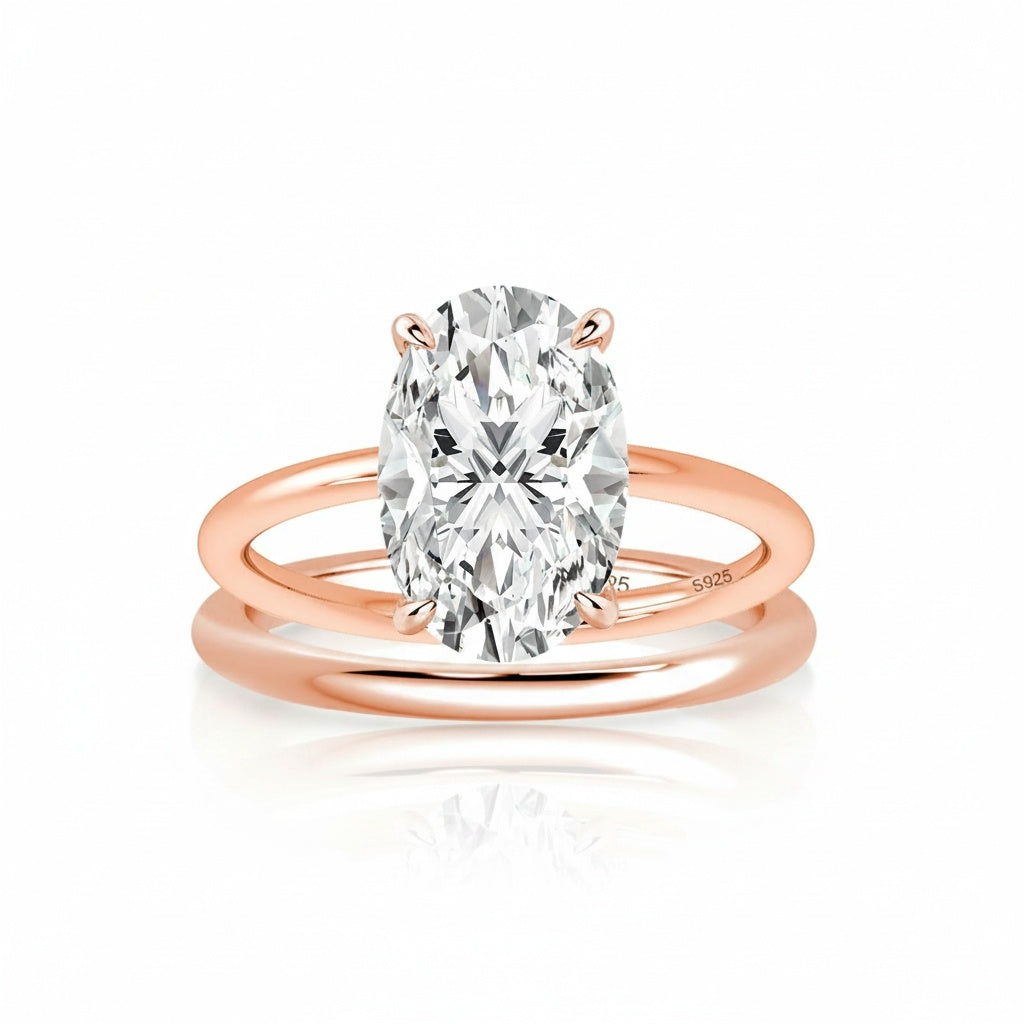 Aurevyn 4.0Ct Solitaire Oval Cut Rose Gold Engagement Ring with Plain Wedding Band