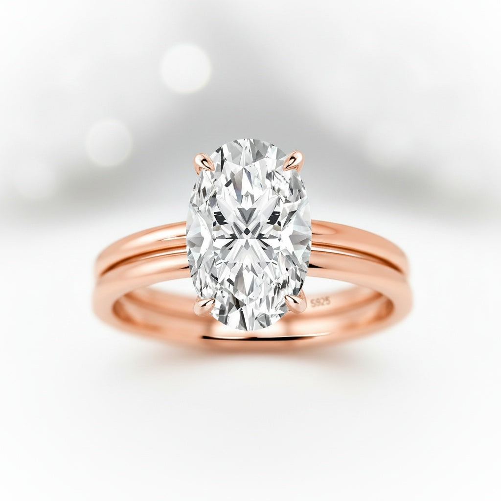 Aurevyn 4.0Ct Solitaire Oval Cut Rose Gold Engagement Ring with Plain Wedding Band