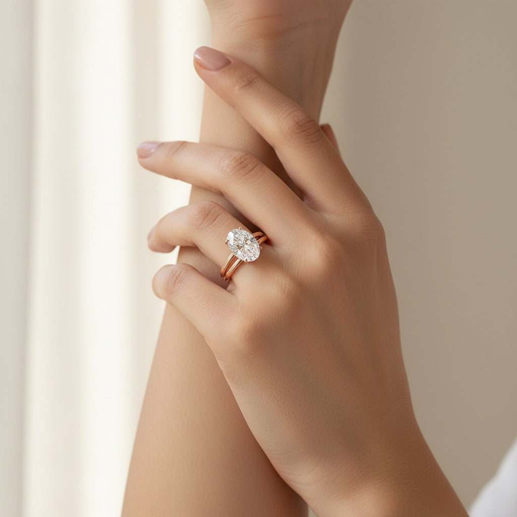 Aurevyn 4.0Ct Solitaire Oval Cut Rose Gold Engagement Ring with Plain Wedding Band
