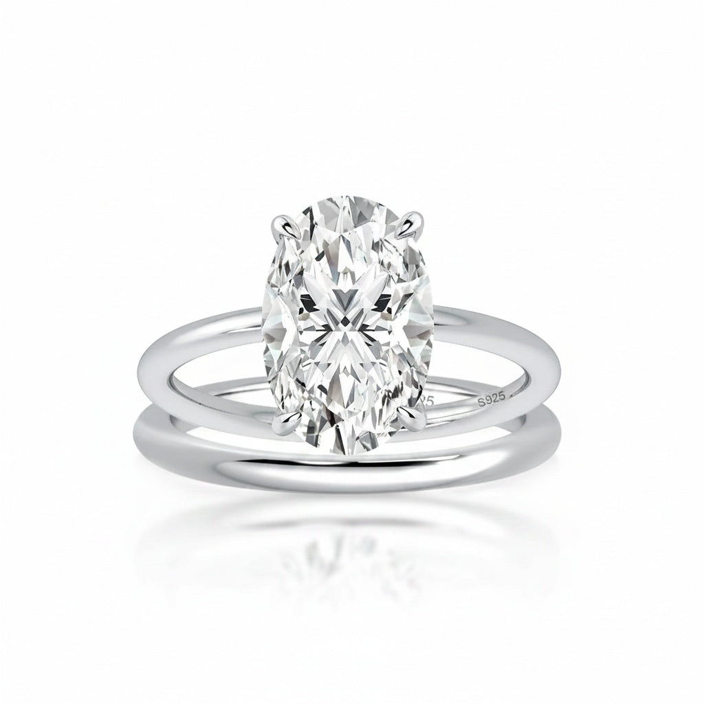 Aurevyn 4.0Ct Solitaire Oval Cut White Gold Engagement Ring with Plain Wedding Band