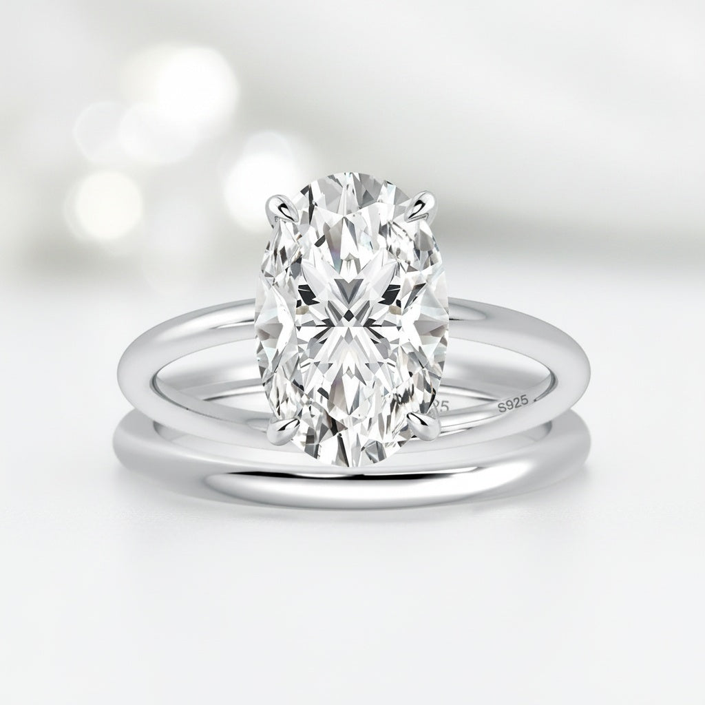 Aurevyn 4.0Ct Solitaire Oval Cut White Gold Engagement Ring with Plain Wedding Band