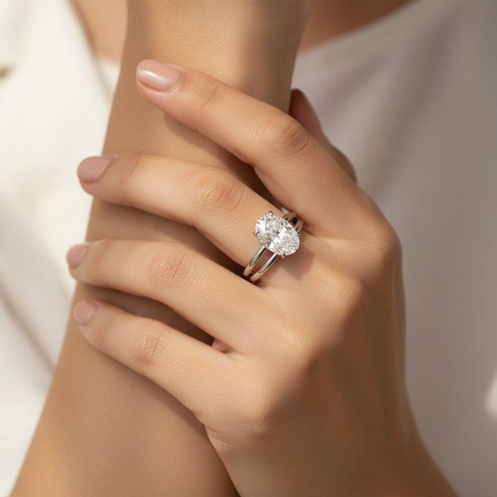 Aurevyn 4.0Ct Solitaire Oval Cut White Gold Engagement Ring with Plain Wedding Band