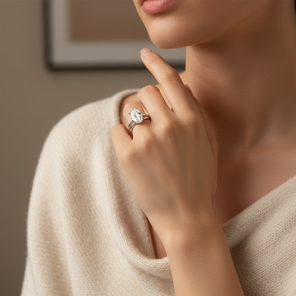 Aurevyn 4.0Ct Solitaire Oval Cut White Gold Engagement Ring with Plain Wedding Band