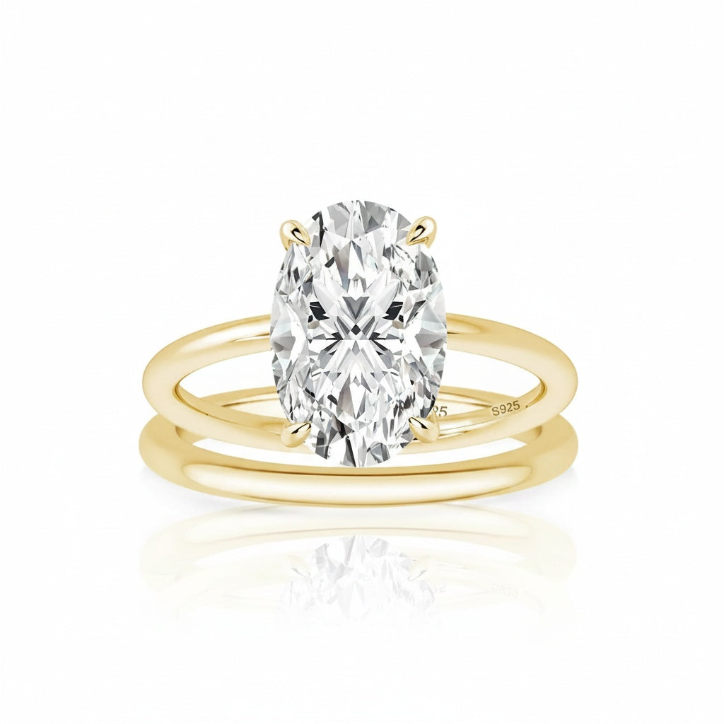 Aurevyn 4.0Ct Solitaire Oval Cut Yellow Gold Engagement Ring with Plain Wedding Band
