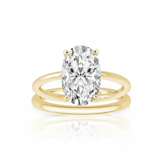 Aurevyn 4.0Ct Solitaire Oval Cut Yellow Gold Engagement Ring with Plain Wedding Band