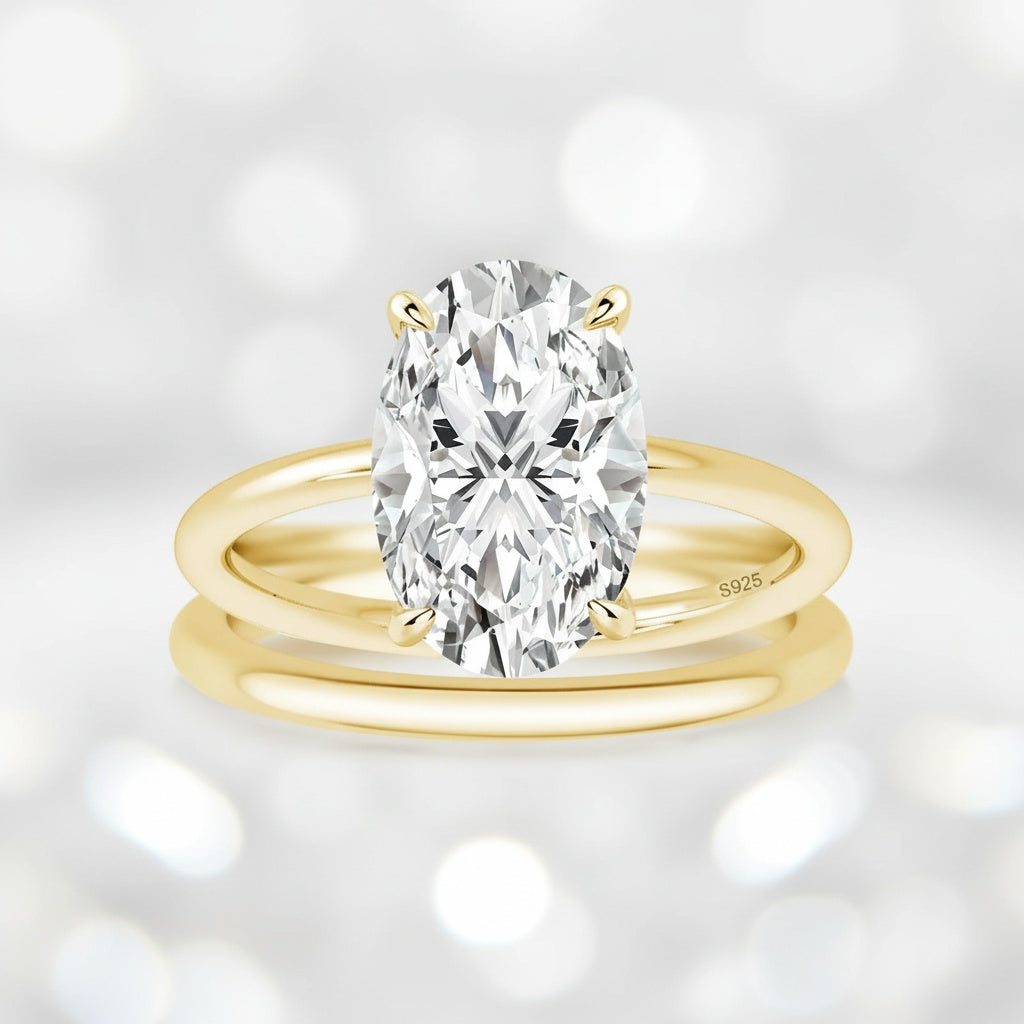 Aurevyn 4.0Ct Solitaire Oval Cut Yellow Gold Engagement Ring with Plain Wedding Band