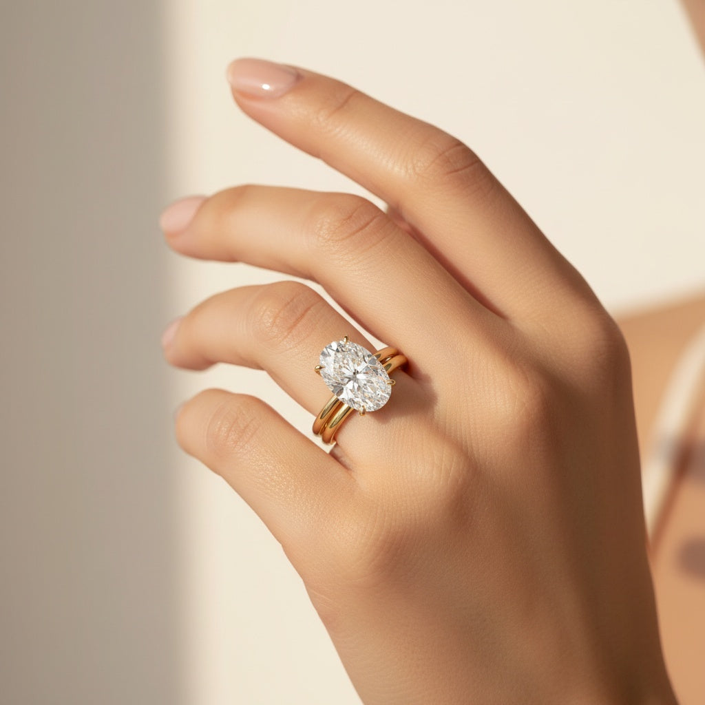Aurevyn 4.0Ct Solitaire Oval Cut Yellow Gold Engagement Ring with Plain Wedding Band